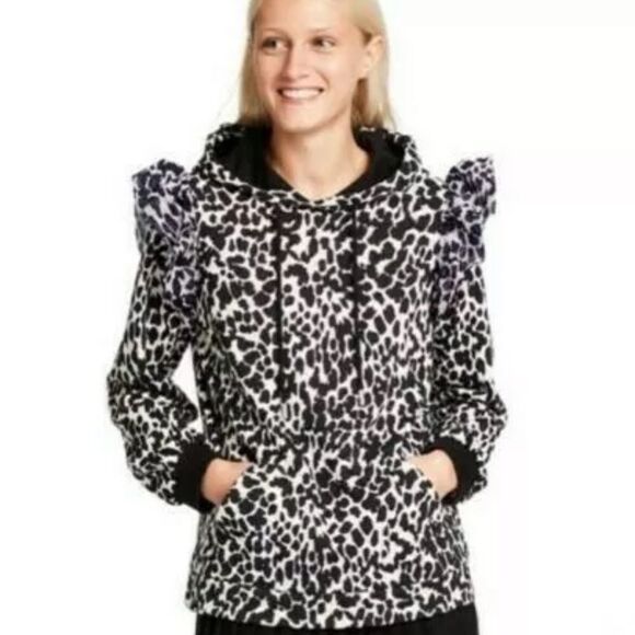 Sandy Liang Target Ditsy Hooded Sweatshirt Pullover Spotted Leopard Ruffle - Picture 2 of 5